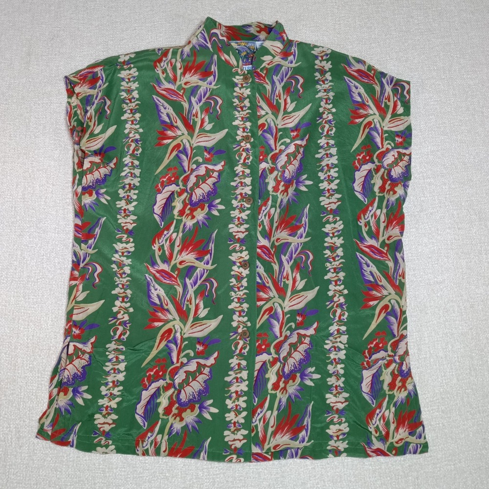 Avanti Silk Hawaiian Original Green Floral 100% Silk Button Up Shirt Women's L